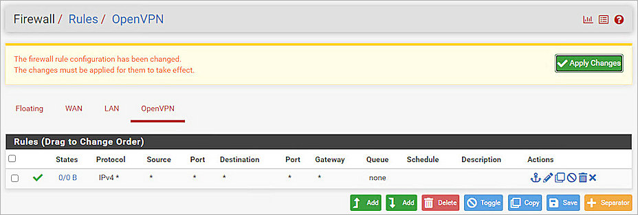 Screenshot of pfSense, Rules 2